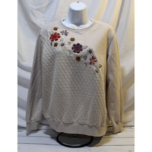 Alfred Dunner Vtg Women's (PL) Petite Beige Embroidered Beaded Floral Sweatshirt